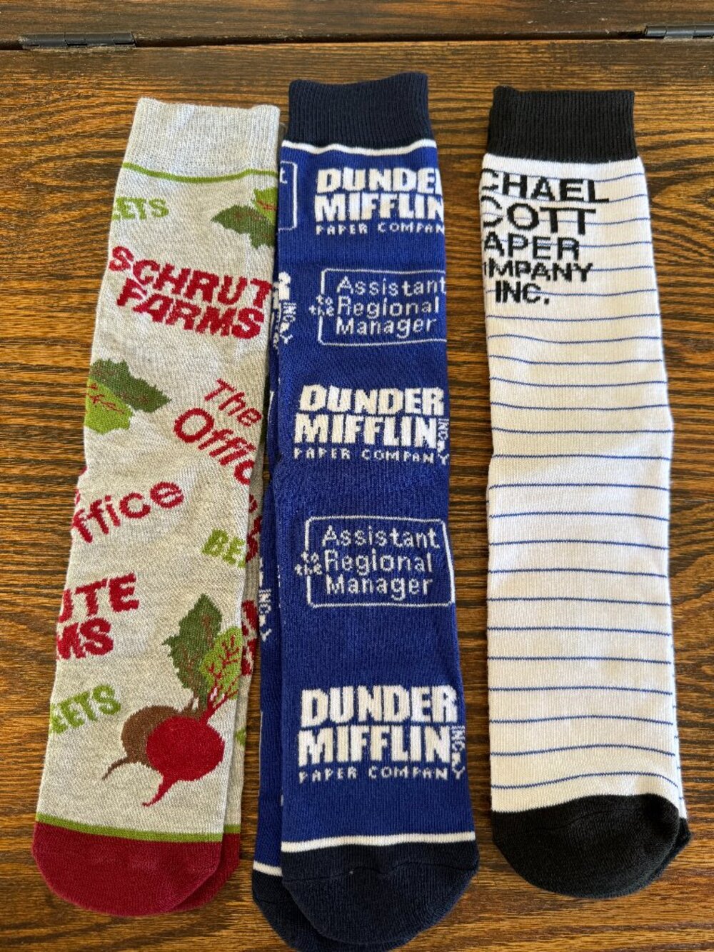 The Office 3 Pair Socks Schrute Farms, Michael Scott Paper Co, Dunder Mifflin